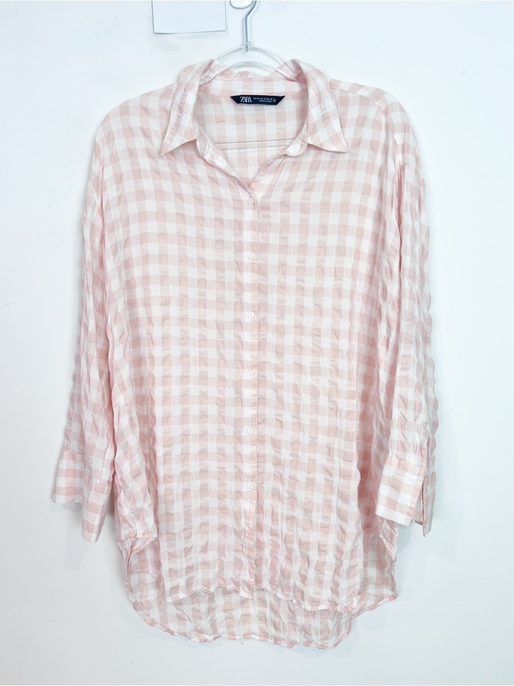 ZARA PINK WHITE GINGHAM PLAID BUTTON FRONT BLOUSE SZ MEDIUM